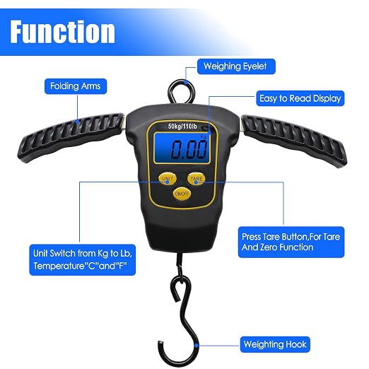 Fish Scale 110lbs/50kg Portable Hanging Fishing Weight Scale Digital Spring Balance Folding Handles Bag Weight Scale Waterproof Hanging Hook Scale with Back-lit LCD Display Fishing Gift for Men