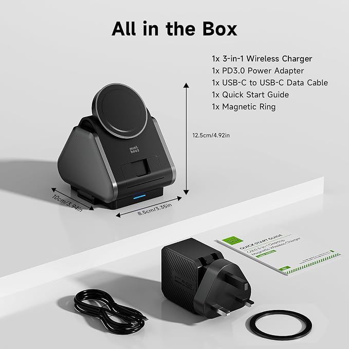 3 in 1 Charging Station, Mag Safe Wireless Charger Stand, Qi2-enable, 15W Multiple Device Magnetic Charging Station for iPhone 16,15,14,13,12 Series, Apple Watch, AirPods (USB-C Charger Included)