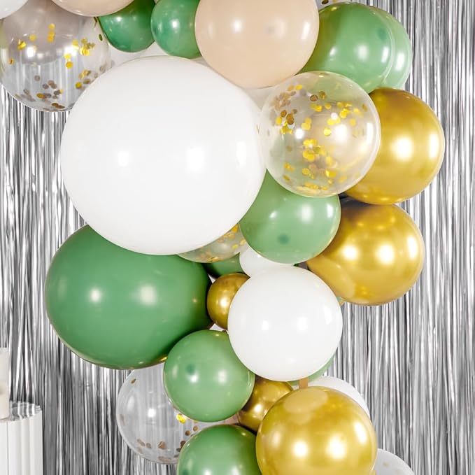 Restaurantware-Balloonify Balloon Garland Set, 1 Party Decoration Kit - 114 Balloons, With Chain, Green, White, & Gold Latex Balloon Arch Kit, Includes Glue Dots