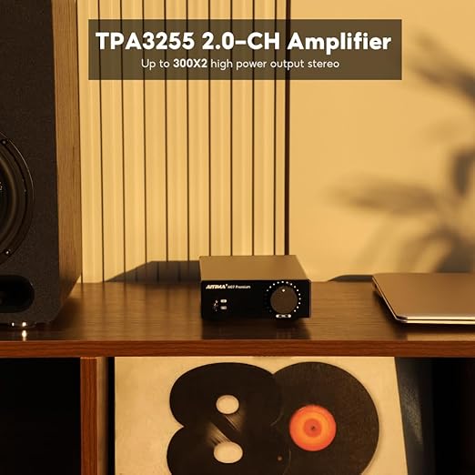 AIYIMA A07 Premium TPA3255 Power Amplifier 300Wx2 HiFi Class D Amp Mini 2 Channel Stereo Amplifier with Pre-Out for Desktop Bookshelf Speaker Home Audio System & DC32V 5A Power Adapter