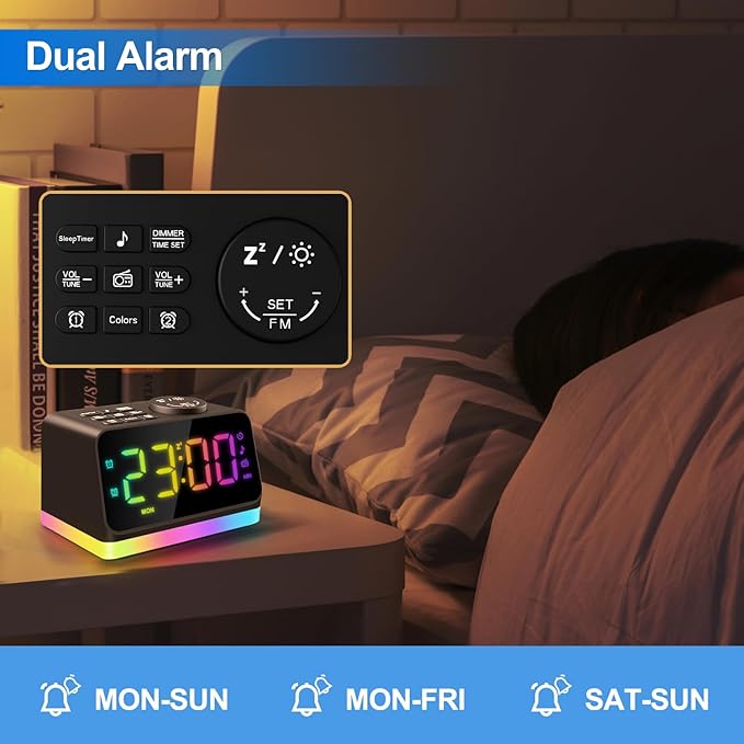 JALL Digital Alarm Clock with FM Radio for Bedroom, 8 Colors Night Light with 2 Charging Port, Sleep Sound Machines with Timer, Dual Alarm, Loud Alarm and Easy to Use for Seniors as Gift