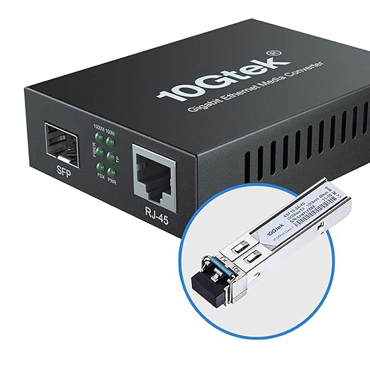10Gtek Gigabit Ethernet Media Converter, SingleMode Dual LC Fiber to Ethernet RJ45 Converter for 10/100/1000Base-Tx to 1000Base-EX(with a SFP SMF 1310-nm Module), UL Certified, up to 40-km