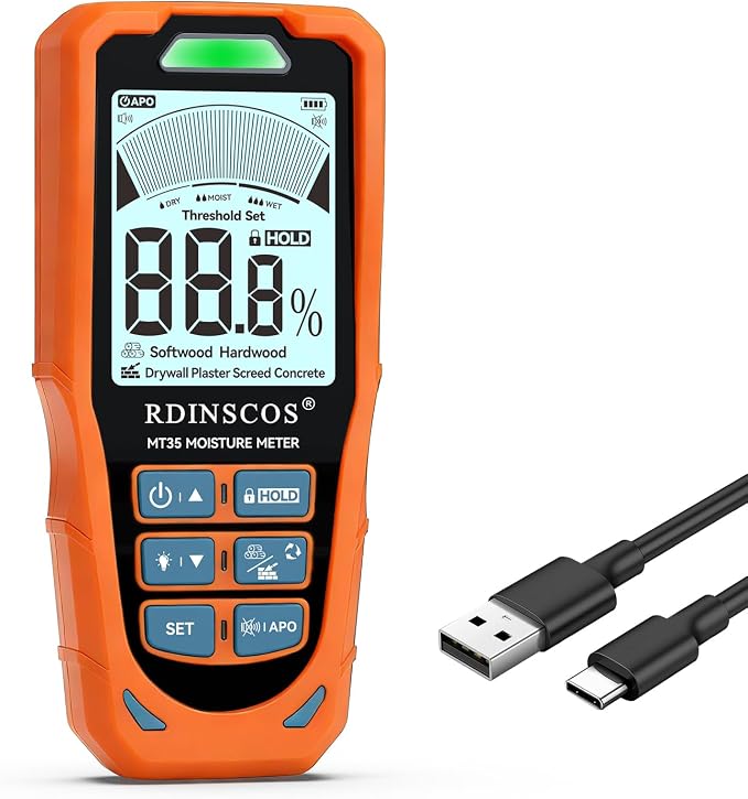 RDINSCOS Pinless Moisture Meter for Drywall & Wood 6-in-1 Moisture Tester | Non-Destructive Moisture Detector,For Wood, Drywall, Plaster, Concrete, Screed & Flooring, Audible Alarm,Rechargeable