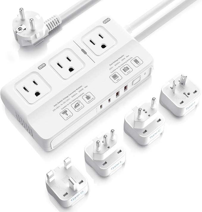 ANTPO 2000W Voltage Converter US to Europe, 220V to 110V Converter for European Travel, Power Adapter for Hair Dryer, Universal Travel Adapter with 3 AC/ 2 USBC/ 2 USBA/EU/UK/AU/IT Plugs