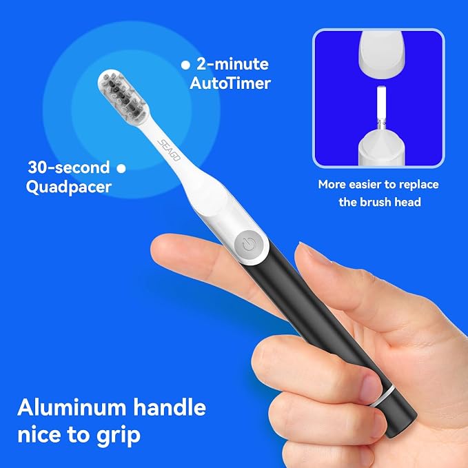 SEAGO Electric Toothbrush for Adults - 3 in 1 Holder with 8 pcs Replaceable Brush Battery Operated Travel Toothbrush kit Portable and 2 Minute Timer(Black, Middle)