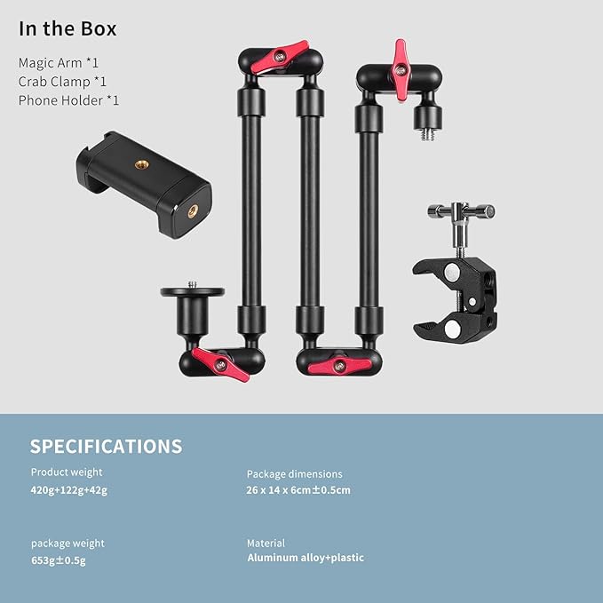 Adjustable Articulating Magic Arm with Clamp and Phone Holder Clip for Desk Mount, Desk Stand, Cell Phone Tripod