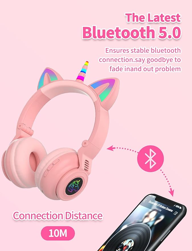 Unicorn Kids Headphones for Girls, Unicorn Bluetooth Headphones Foldable for Girls Toddlers Tablet/pad/Amazon fire,Light Up Kids Wireless Headphone Birthday Gifts (Pink 2)