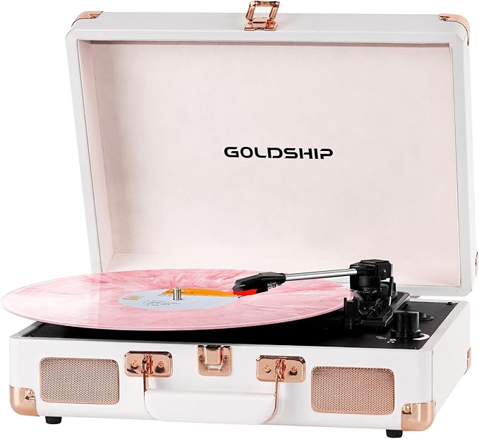 Portable Record Player with Bluetooth, 3-Speed Vinyl Turntable with Built-in Battery, Suitcase Design, Headphone Jack, RCA & Aux Connectivity for Indoor & Outdoor Listening