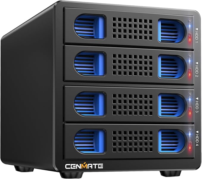 CENMATE Aluminum 4 Bay 10Gbps Hard Drive Enclosure with Cooling Fan for 2.5“/3.5" SATA HDD/SSD with USB A/C 3.2 Gen 2, Support Hot Swappable, Tool-Free HDD Enclosure, DAS(NO RAID/NAS)