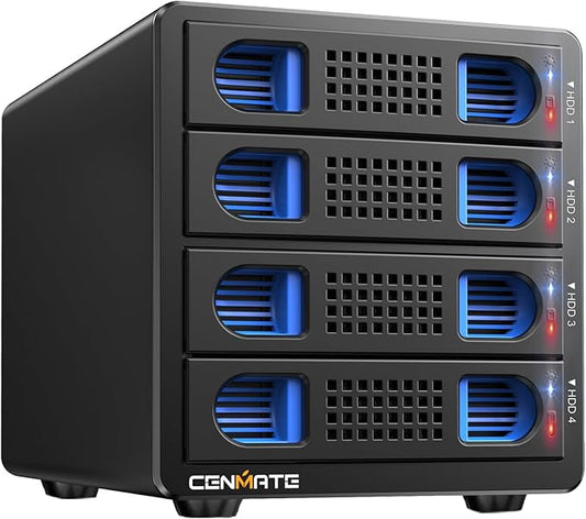 CENMATE Aluminum 4 Bay 10Gbps Hard Drive Enclosure with Cooling Fan for 2.5“/3.5" SATA HDD/SSD with USB A/C 3.2 Gen 2, Support Hot Swappable, Tool-Free HDD Enclosure, DAS(NO RAID/NAS)