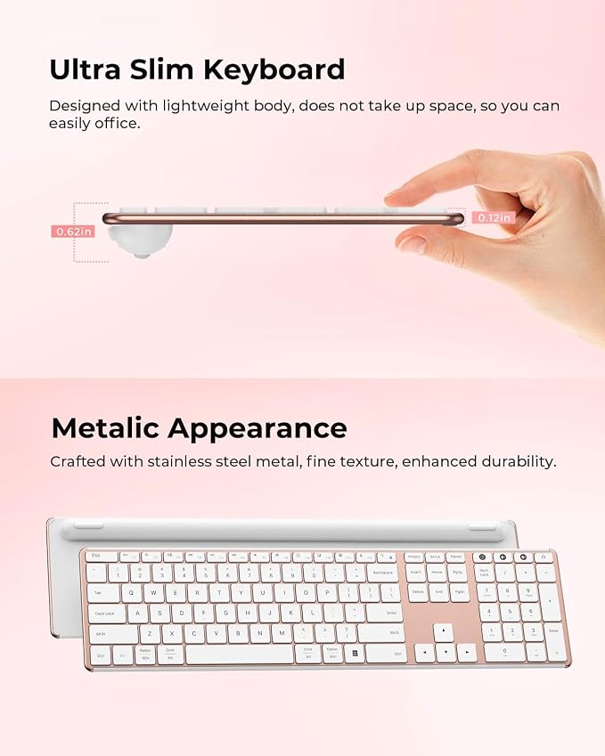 seenda Wireless Bluetooth Keyboard and Mouse Combo, SKM64-3 Rechargeable Slim Quiet Keyboard Mouse, 3 Multi-Device Connection, Compatible for Windows 11/10 PC Laptop Mac MacBook iPad, White Rose Gold
