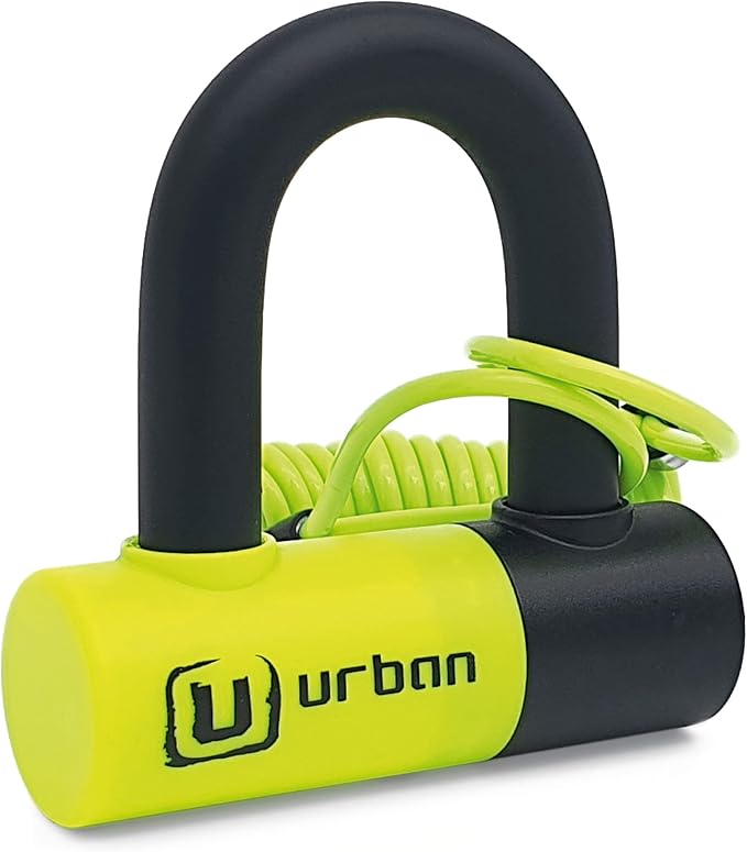 Urban UR59 High Security Motorcycle Disc Lock, ø14 mm Double Locking Mini U, Hardened Steel, Dual Funtion for Brake Wheel or Chain, Reminder Cable, Heavy Duty Anti Theft Device for eBike Scooter