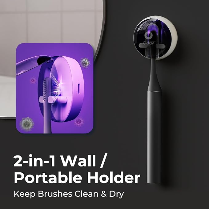 Oday Rechargeable Electric Toothbrush for Adults with Wall Mounted UV-Cleaning Tooth Brush Protector Case and 4 Brush Heads, Smartimer, IPX7 Waterproof, 1 Month+ Battery, Sleek Aluminum Body Black