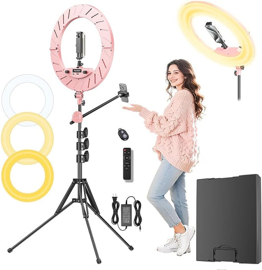 Ring Light 18" with Stand, 55w 6700K LED Light,63" Tripod,Multi-Angle Adjustable Phone Stand, for iPhone and Android Phones, CRI95, Suitable for YouTube, TikTok, Selfies (Pink, 18")