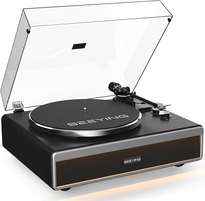 SeeYing Vinyl Record Player with Built in HiFi Speakers, Bluetooth Belt Drive Turntable for Vinyl Records with Magnetic Cartridge, Auto Stop and Warm Light Design