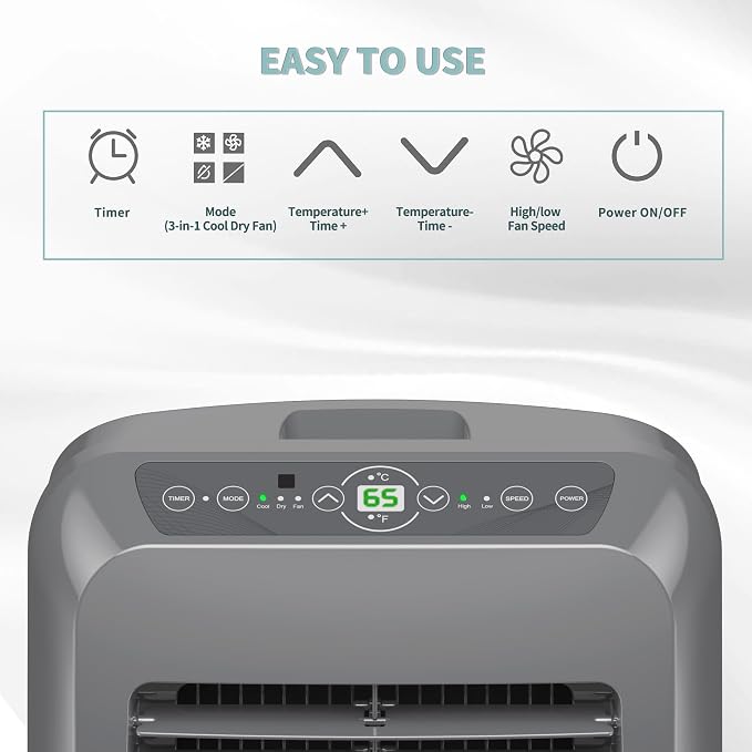 Shinco 8,000 BTU Grey Portable Air Conditioner - 3-in-1 Cool/Dehumidifier/Fan for Rooms Up to 350 sq.ft, Remote Control & 24H Timer, Compact AC Unit for Bedroom/Office