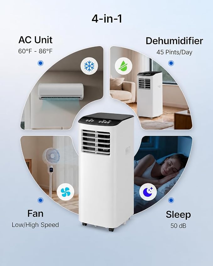 8000 BTU Portable Air Conditioners, 3-in-1 Portable AC Unit with Cool, Dehumidifier & Fan, Cools Up to 350 Sq.Ft, Remote Control, 24 Hour Timer and Window Kit, 2 Speeds for Bedroom Office