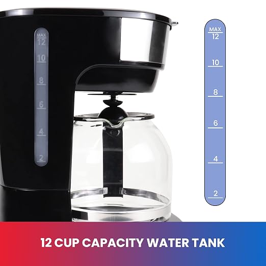 Total Chef TCCM06 Programmable Coffee Maker Stainless Steel with 12-Cup Glass Carafe, LCD Display, Reusable Basket Filter Easy Cleanup Built in Water-Level Indicator, Countertop, Black/Gray