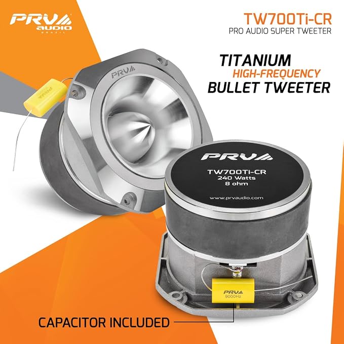 PRV AUDIO TW700Ti-CR 4 Inch Titanium Bullet Tweeter 240 Watts, 8 Ohm Chrome Super Tweeter, Built-in Capacitor Pro Audio High Frequency Driver (2 Tweeters)