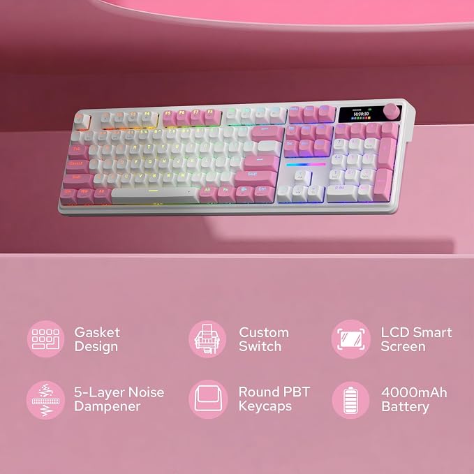 Redragon K762 Wireless Gasket Gaming Keyboard w/Hype Screen & Knob, 104 Keys Mechanical Keyboard, Easy-Control 1.14’’ TFT Info Display, 5-Layer Noise Dampening, Round PBT Keycaps, Custom Linear Switch