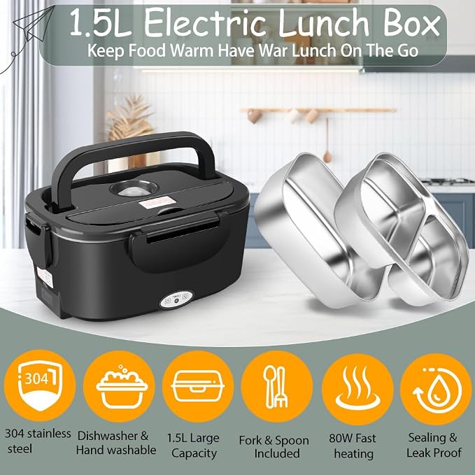 Electric Lunch Box for Adults - 1.5L Single/Double Layer Stainless Steel Food Warmer - 80W Fast PTC Heated Lunchbox, 12V/24V/110V Portable Food Heater for Car&Truck, Office, Camping, Travel(Black)