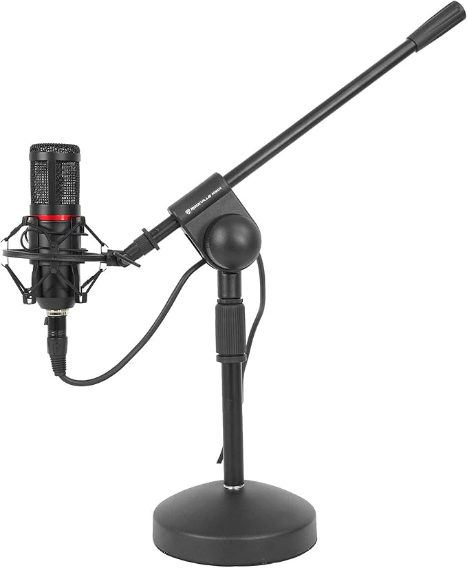 Rockville RDMS70 Desktop Microphone Stand with Boom Arm, Steel Round Base, Adjustable Height, Low Profile, Scratch-Resistant Finish, Anti-Slip Base, for Podcasting and Streaming