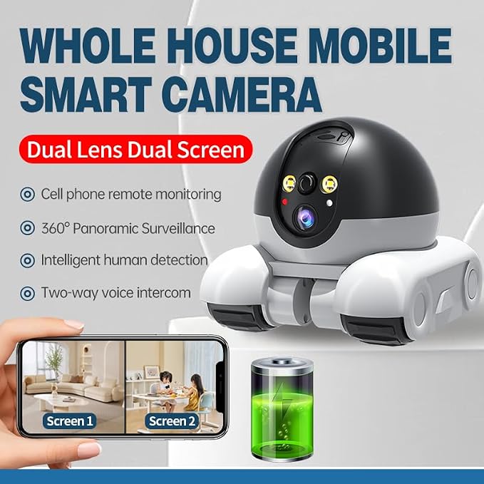 Vikye Robot Camera On Wheels,2MP Double Lens Moving Pet Camera,2 Way Talk 1080P WiFi Small Robot Cam for Cats Dogs
