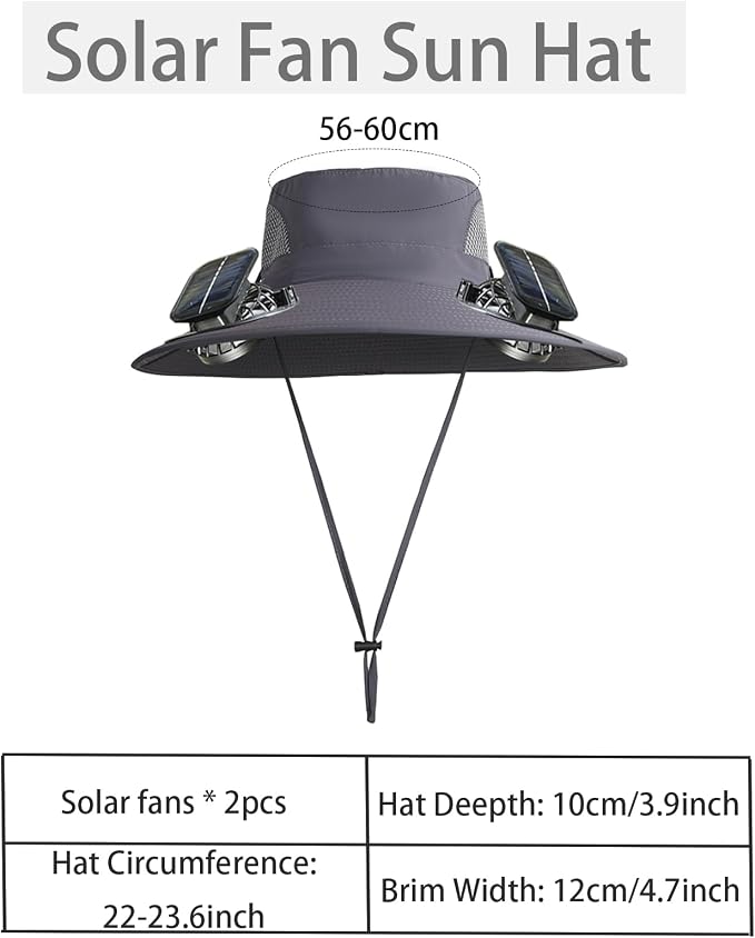 Solar Powered Fan Hat with 2 Fans, Wide Brim Sun Hat for Men Women, Adjustable Cooling Fishing Hat for Outdoor