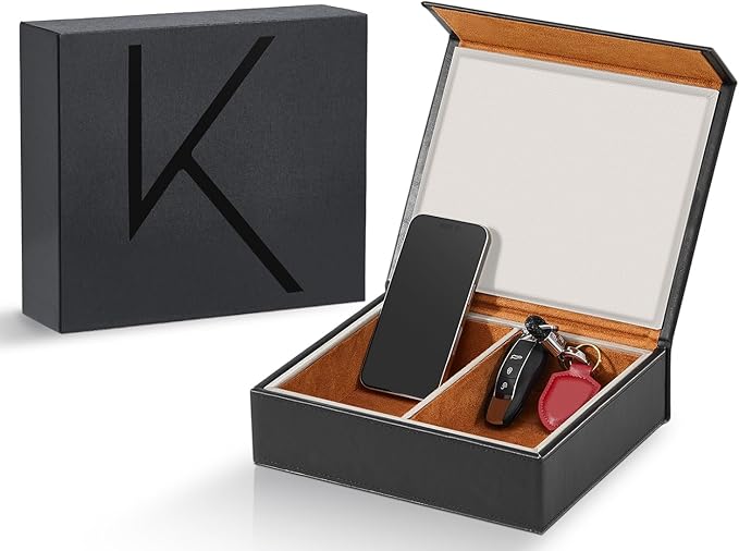 KK7 PLUS-BK Faraday Key Fob Protector Box, Black, XL | 2 Slots, RFID Signal Blocking Shielding, Anti-Theft Vintage Faraday Cage, High-Grade Protein Leather