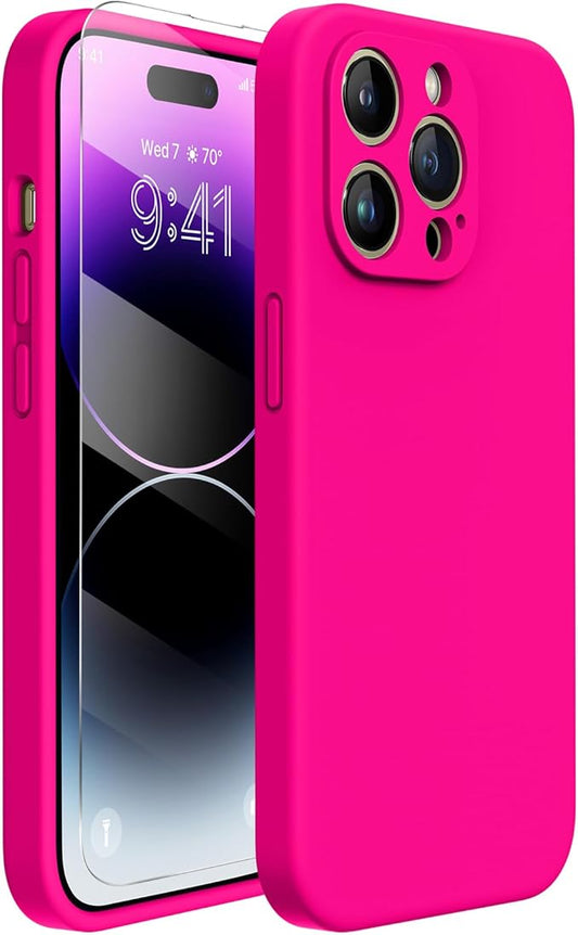 Miracase Designed for iPhone 14 Pro Case with Screen Protector, [Upgraded Camera Protection], Shockproof Liquid Silicone Rubber Phone Case Cover for 14 Pro 6.1 inch, Hot Pink