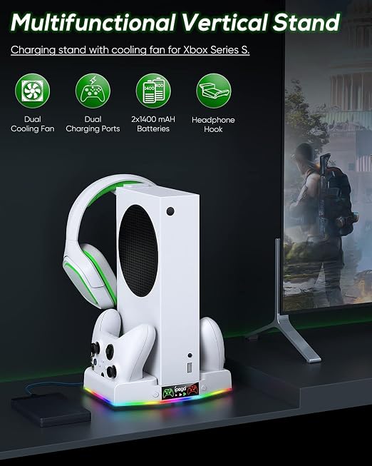 Cooling Stand & Charging Station for Xbox Series S with RGB Light Strip,Dual Controller Charger & Cooler Fan for XSS Console Accessories with 2*1400mAH Rechargeable Battery Pack,1*Headphone Hook,White