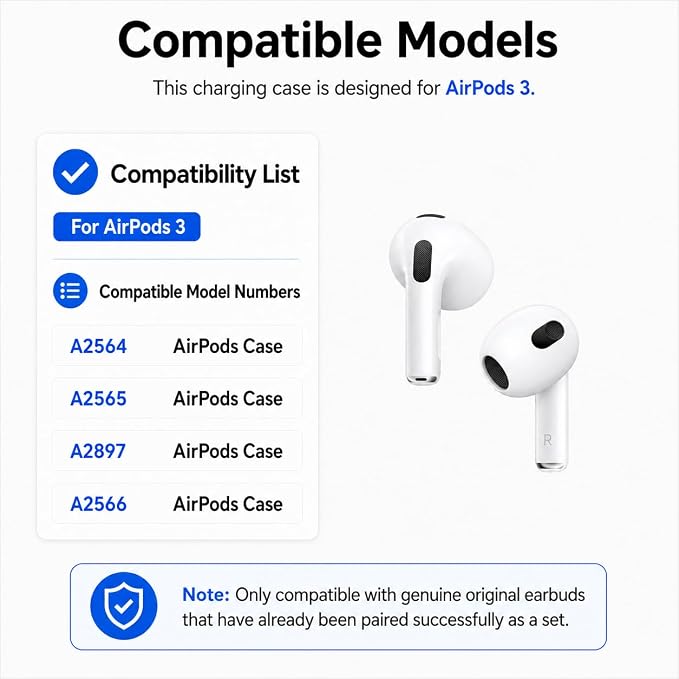Replacement Charging Case for AirPods 3rd Generation (A2897/A2566/A2565/A2564/A2563) – USB-C & Qi Wireless Charging – Bluetooth Pairing Button – Case Only (No Earbuds)