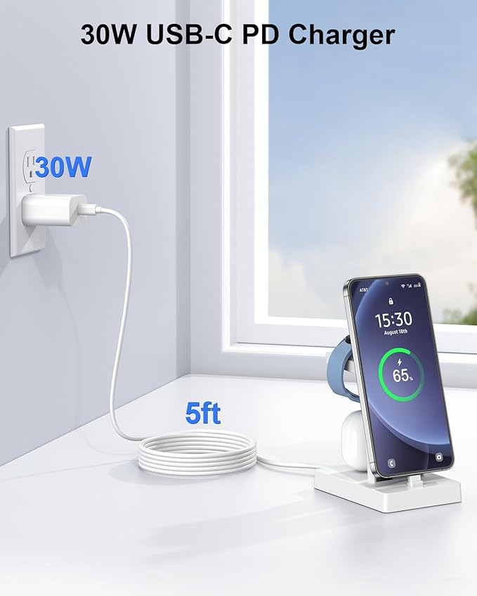 NANAMI Fast Charger for Samsung Galaxy Watch 6/5/4/3, Stand for Galaxy S24/S24+/S24 Ultra/S23/S22/S21/S20, Buds Pro, Wireless Charging Stand for iPhone 16/15/15 Pro/15 Plus/15 Pro Max/14/14 Pro/13/12