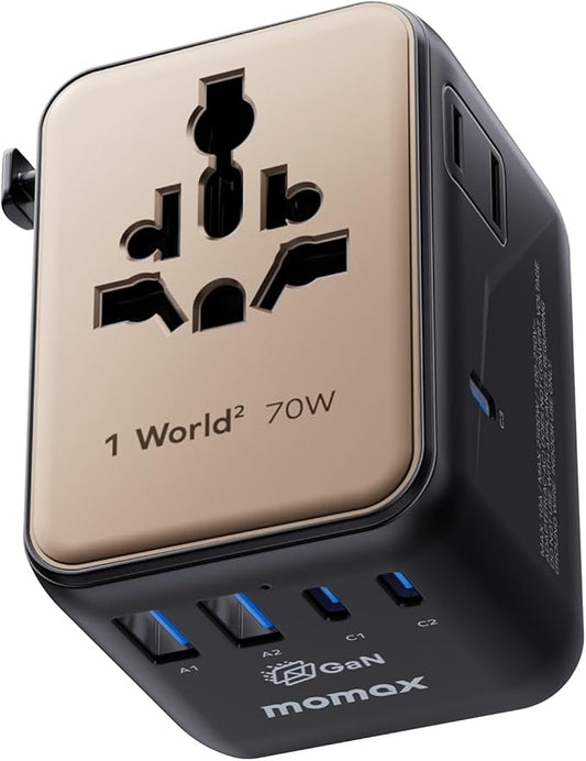 MOMAX Mini 7-in-1 Universal Travel Adapter, GaN 70W Dual AC, 3 USB-C & 2 USB-A, Travel Essentials for 200+ Countries – International Charger for Laptop, Phone, US/EU/UK/AU Plug
