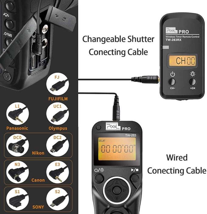 Remote Shutter Release Compatible for Nikon, Wireless Shutter Release Timer Remote Control Pixel TW-283 DC0/DC2 Compatible for Nikon D5200 D5300 D7100 D850 D800 D750 D610