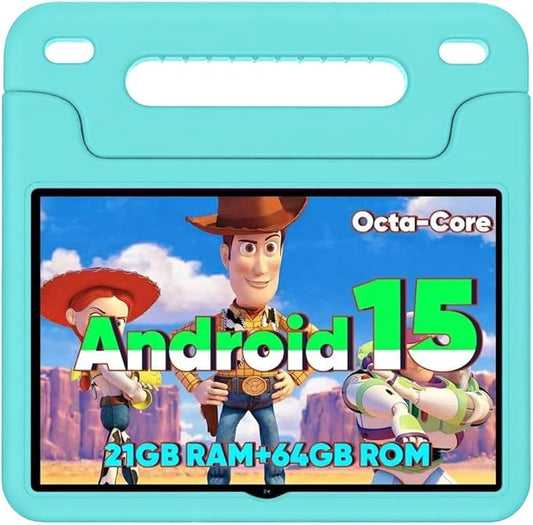WXUNJA Android 15 Kids Tablet, 2025 Upgraded 10.1 Inch Tablets with Octa-core Processor, 6000mAh Battery, Kid Space, Parental Control,Pre-Loaded Kids Apps, 2.4/5GHZ Dual WiFi, Case Included, Green