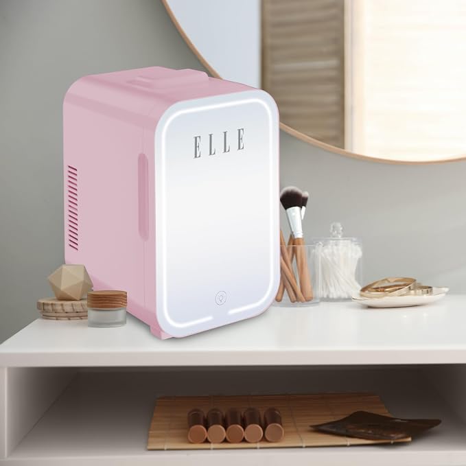 ELLE 8L Mini Cooler Fridge with LED Makeup Mirror for Skincare & Cosmetic Storage Cooler & Warmer Removable Shelf Carrying Handle AC DC Power Options Small Refrigerator for Bedroom Car Office Pink