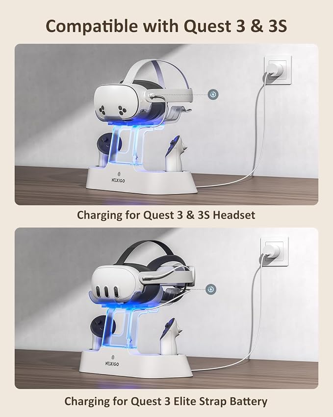 NexiGo Enhanced Charging Dock for Meta Quest 3 and 3S, with LED Light [On/Off], [Support Elite Strap with Battery], Headset Display Holder and Controller Mount, Rechargeable Batteries, White