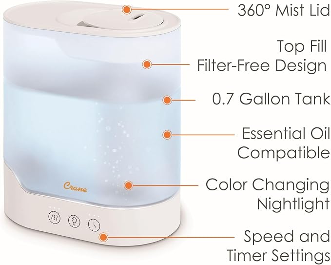 Crane 0.7 Gallon Top Fill Cool Mist Humidifier and Aroma Diffuser, with Color-Changing Night Light and Aroma Diffuser Function, Humidifier For Bedroom, Office or Nursery