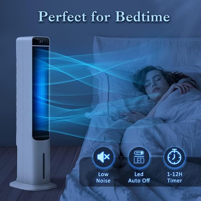 2-In-1 Evaporative Air Cooler Portable Windowless Air Conditioner Fan with Remote Control, Air Cooling Fan with 4 Ice Packs, 12H Timer, 50° Oscillation, 3 Speed Tower Fan for Home, Office