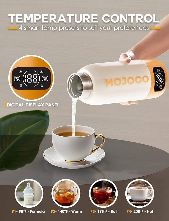 MOJOCO Portable Travel Kettle - 20oz Double Wall Vacuum Insulated Stainless Steel Kettle for Coffee, Tea - Leak Proof Portable Small Water Boiler for RV, Camping