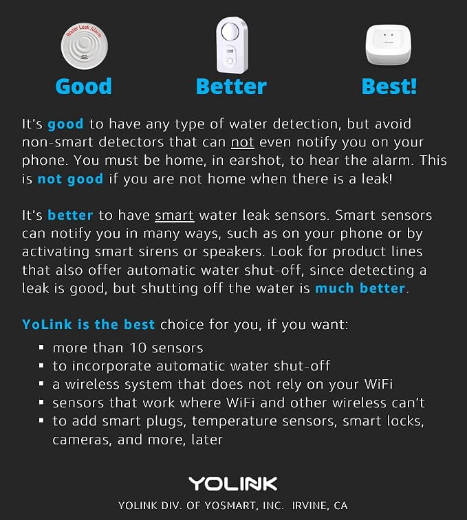 YoLink Water Leak Sensor 3-Pack, LoRa Up to 1/4 Mile Open-Air Range Smart Water Leak & Flood Detector, SMS/Text, Email & Push Notifications, w/Alexa, IFTTT, Home Assistant - YoLink Hub Required