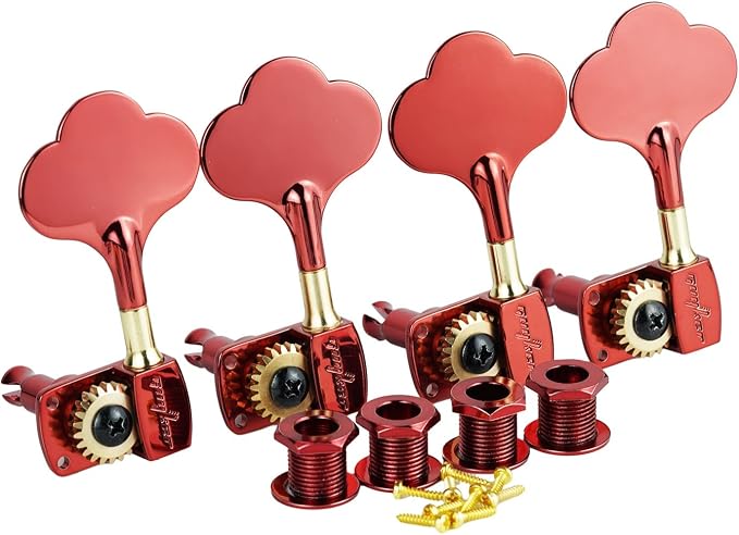 Guyker Bass Tuners (4 for Left) - 1:22 Ratio Gear Open Frame Bass Drop Locking Machine Head Tuning Key Pegs Replacement for Electric Jazz Guitar Bass or Precision Instruments, BB100 Red