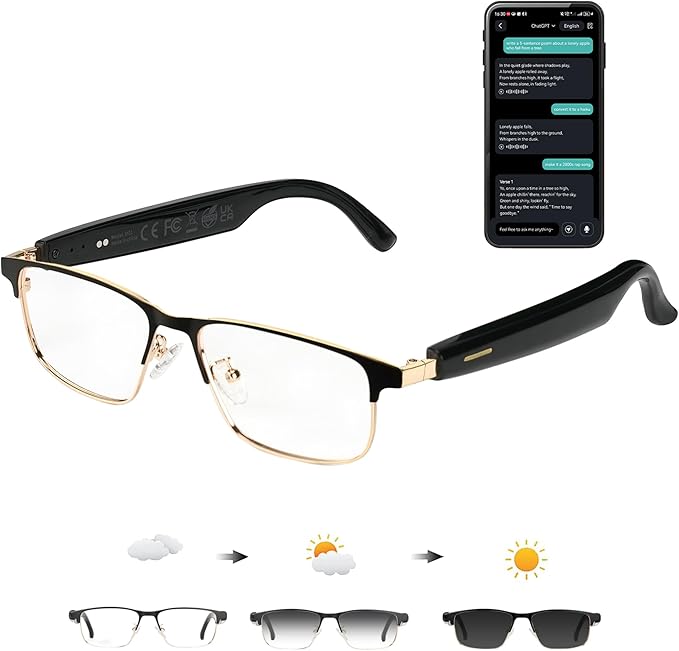 Ai Translation Smart Glasses with Chat GPT, Bluetooth Glasses for Men Women with 164+ Language & Accents, Translation Glasses Color-Change Lens, Open Ear Lighweight Eyeware