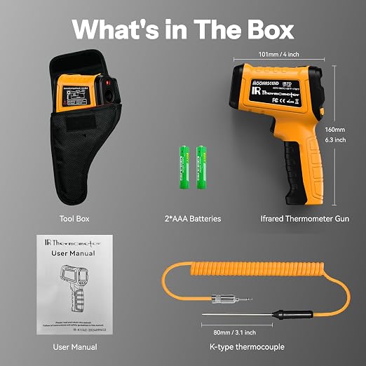 Infrared Thermometer Gun -58°F to 2732°F, IR Temperature Gun with K-Type Probe for Internal Readings, 50:1 High Temp Laser Thermometers Tool for Kilns, Furnaces, HVAC, BBQ Home & Industrial Use