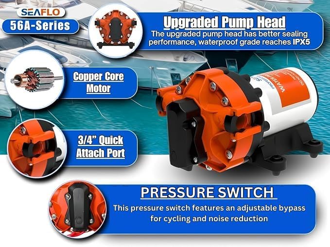 SEAFLO 56A Series Variable Speed Smart Water Pressure Pump – 12V DC, 5.0 GPM, 70 PSI, Self-Priming, Constant Pressure, For Rv/Yacht/Boat/Camper, NSF, CE & Rohs Certified, UL Listed, 4-Year Warranty
