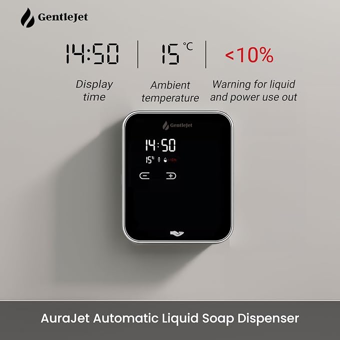 GentleJet AuraJet Automatic Liquid Soap Dispenser Wall Mount – Touchless Sensor, LED Display, 5 Adjustable Levels, Rechargable USB-C or Battery Powered, Aluminum Alloy, 480 ml Refillable