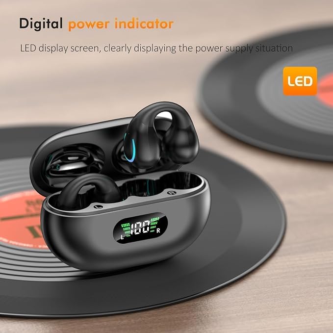 Open Ear Bone Conduction Headphones, Bluetooth Lightweight Clip On Earbuds Comfort with Digital Display Charging Case Sport Earphones Built-in Mic Waterproof for Running Fitness Exercise, Matte Black