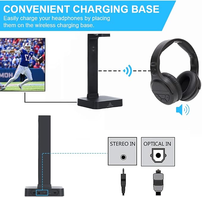 ANSTEN Wireless Headphones for TV Watching with Digital Optical RCA 2.4 GHz RF Transmitter Charging Dock, Over Ear Headset with 3 Audio Modes, 197 FT Wireless Range, 10 Hrs Audio Playtime
