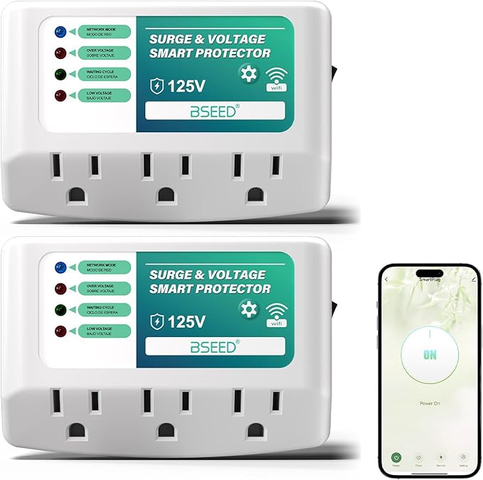 BSEED WiFi Smart Plug, 3 Outlet Surge Voltage Protector with Light Indicator, APP Control, Energy Monitoring, Wall Mount Power Suppressor for Refrigerator/TV/PC, 125V/1875W, FCC Listed,2 Pack